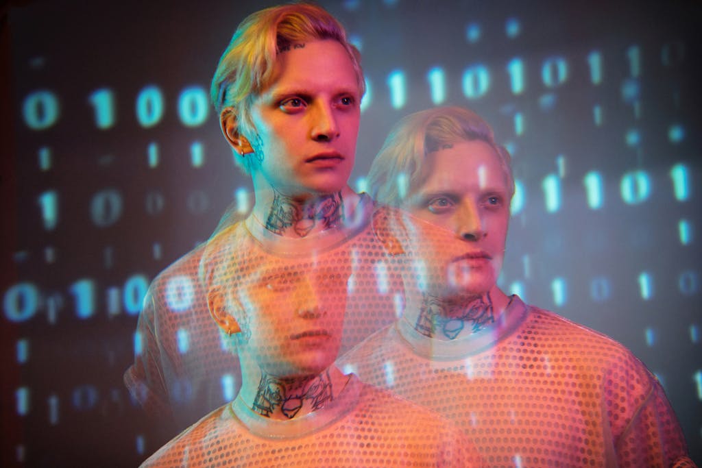 Creative portrait of a man with digital binary overlay, showcasing a modern artistic style.